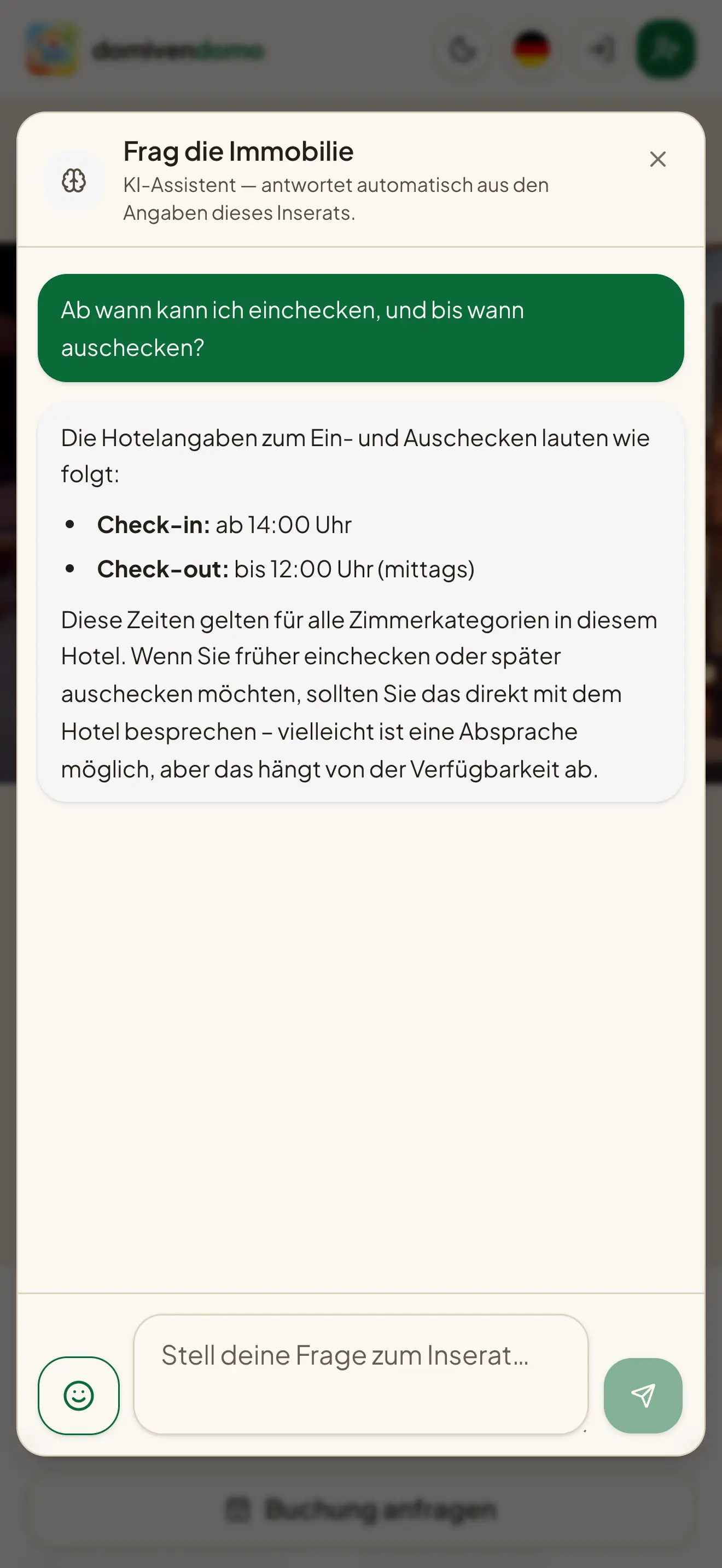 AI dialogue: a question about check-in and check-out times, answered from the listing's own details