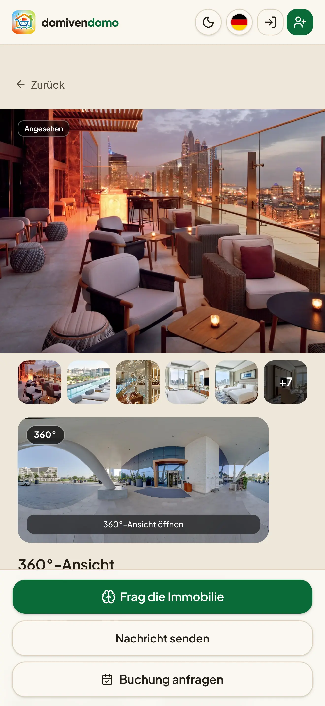 Listing page of a Dubai hotel with photo gallery and 360° preview