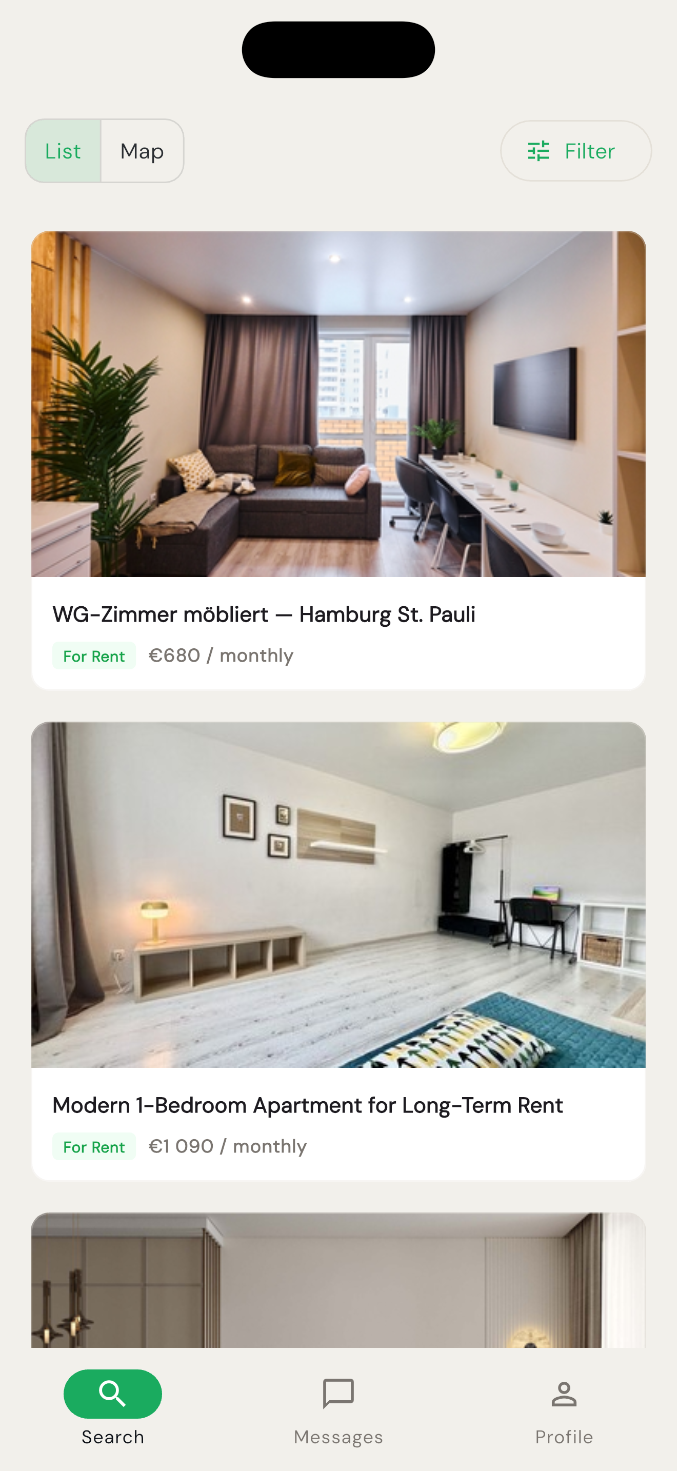 Listings list view