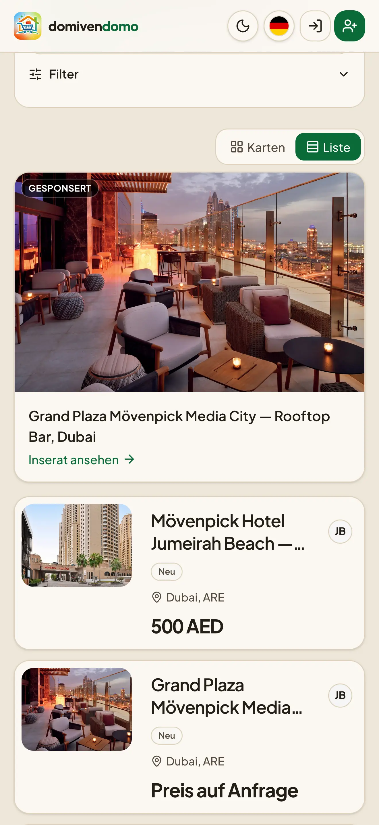 Web app results list with hotel listings in Dubai — photo, location and price in AED