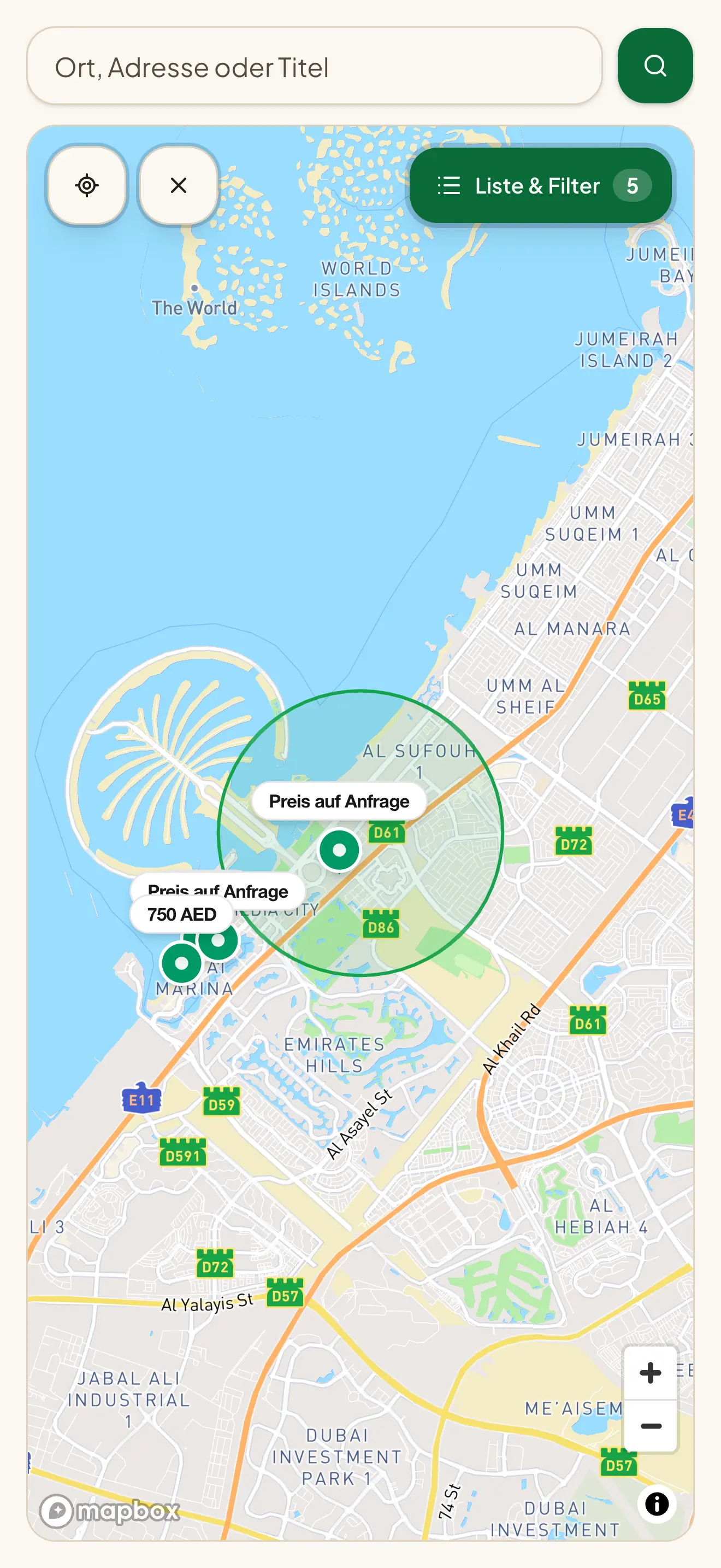 Map of Dubai with listing pins and price labels